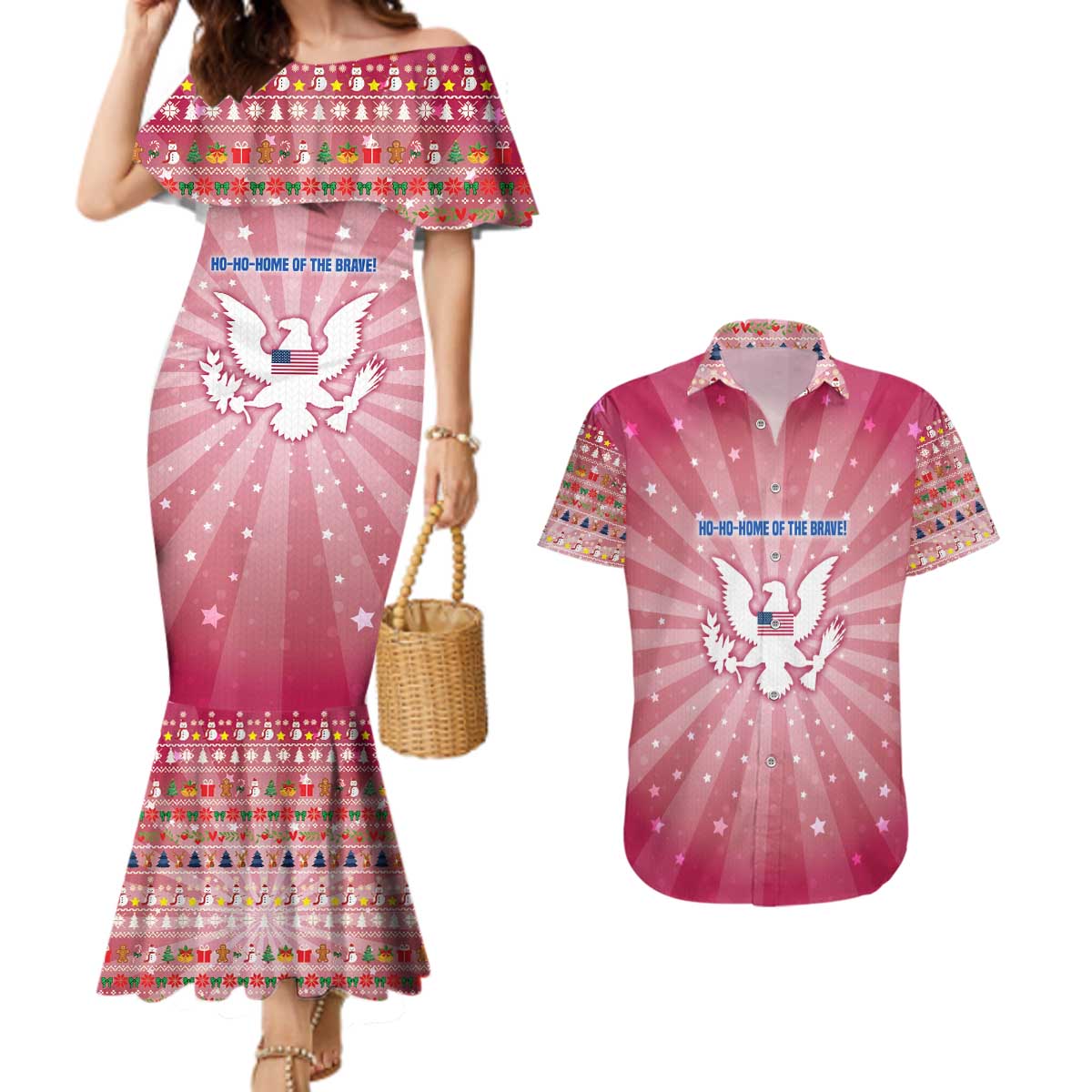 USA Christmas Couples Matching Mermaid Dress and Hawaiian Shirt with Bald Eagle Seal Pink Starburst Pattern and Festive Holiday Icons - Wonder Print Shop