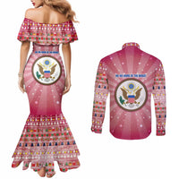 USA Christmas Couples Matching Mermaid Dress and Long Sleeve Button Shirt with Bald Eagle Seal Pink Starburst Pattern and Festive Holiday Icons - Wonder Print Shop