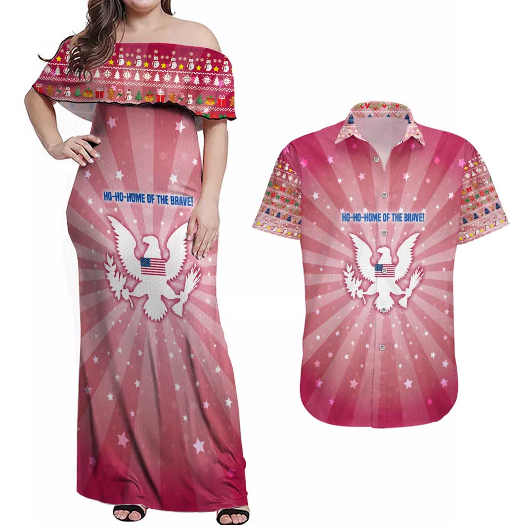USA Christmas Couples Matching Off Shoulder Maxi Dress and Hawaiian Shirt with Bald Eagle Seal Pink Starburst Pattern and Festive Holiday Icons - Wonder Print Shop
