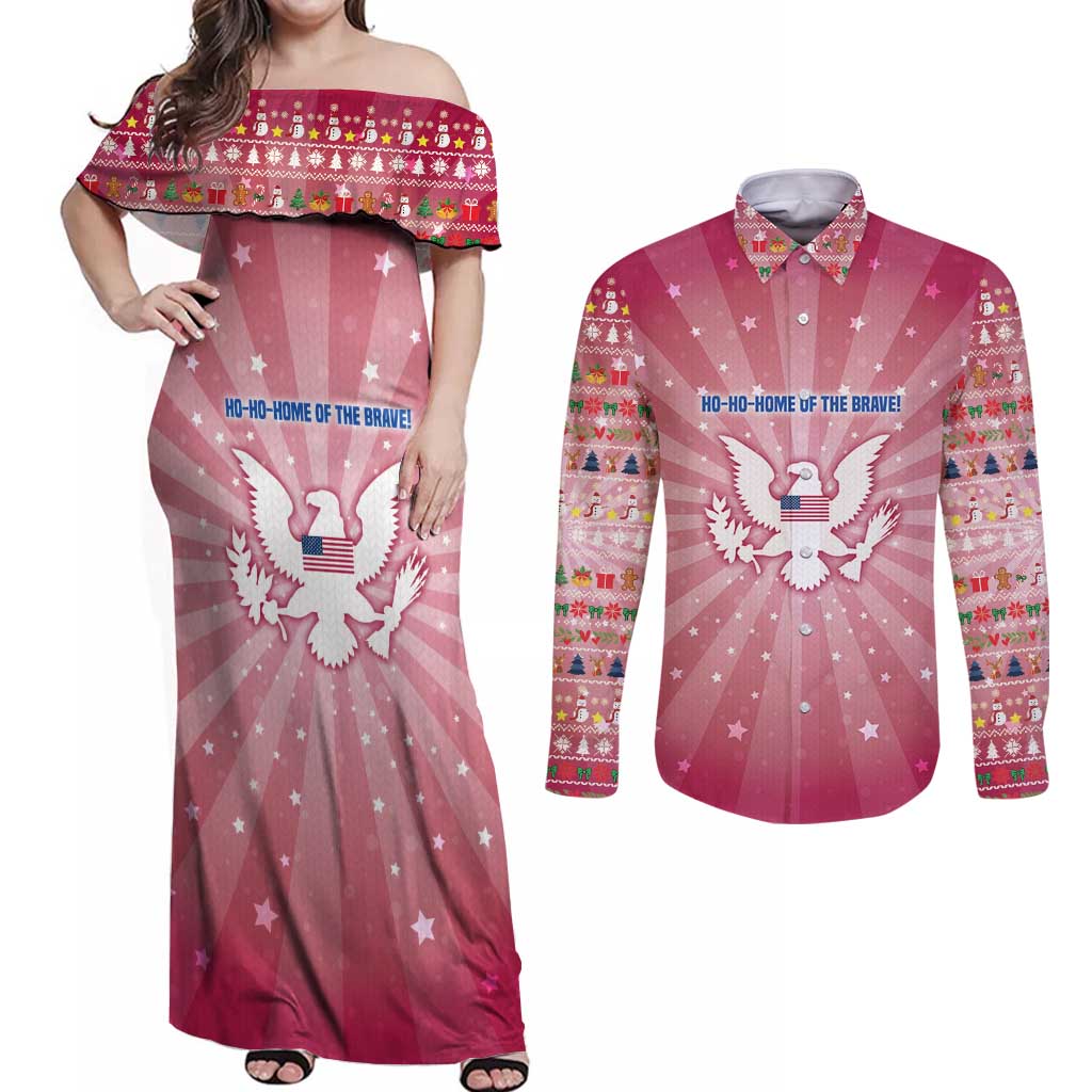 USA Christmas Couples Matching Off Shoulder Maxi Dress and Long Sleeve Button Shirt with Bald Eagle Seal Pink Starburst Pattern and Festive Holiday Icons - Wonder Print Shop
