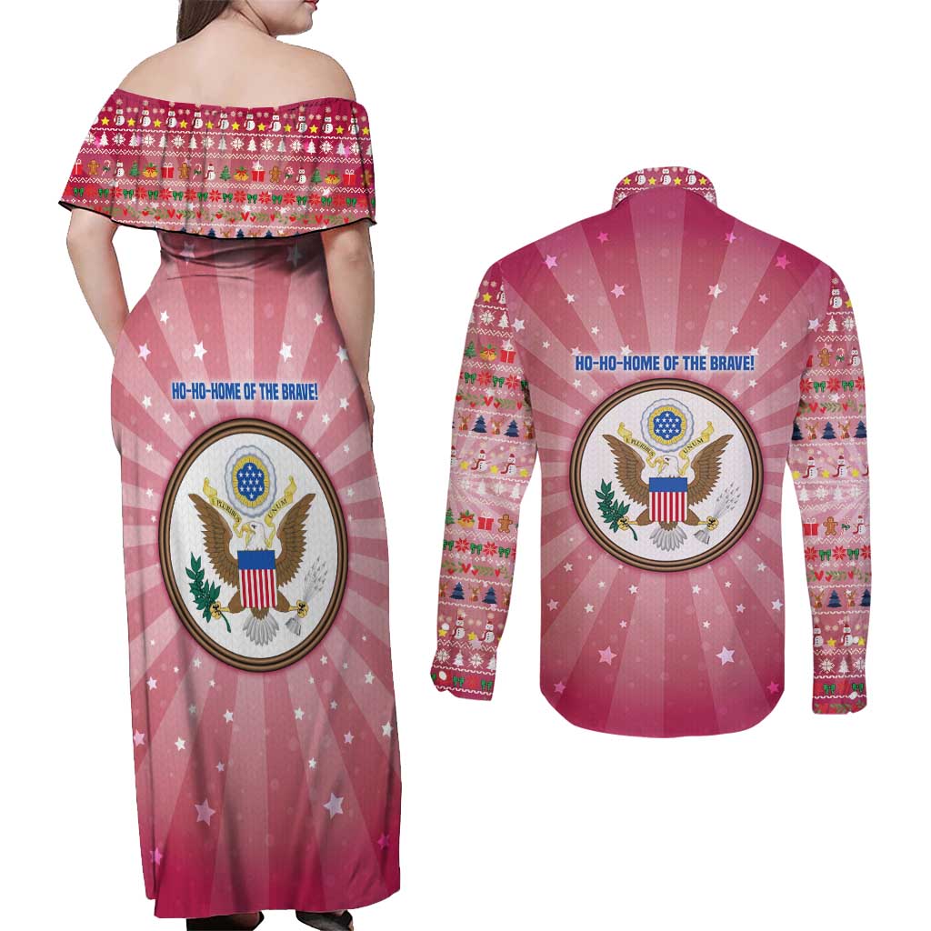 USA Christmas Couples Matching Off Shoulder Maxi Dress and Long Sleeve Button Shirt with Bald Eagle Seal Pink Starburst Pattern and Festive Holiday Icons - Wonder Print Shop