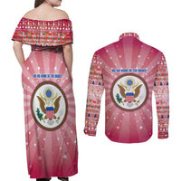 USA Christmas Couples Matching Off Shoulder Maxi Dress and Long Sleeve Button Shirt with Bald Eagle Seal Pink Starburst Pattern and Festive Holiday Icons - Wonder Print Shop