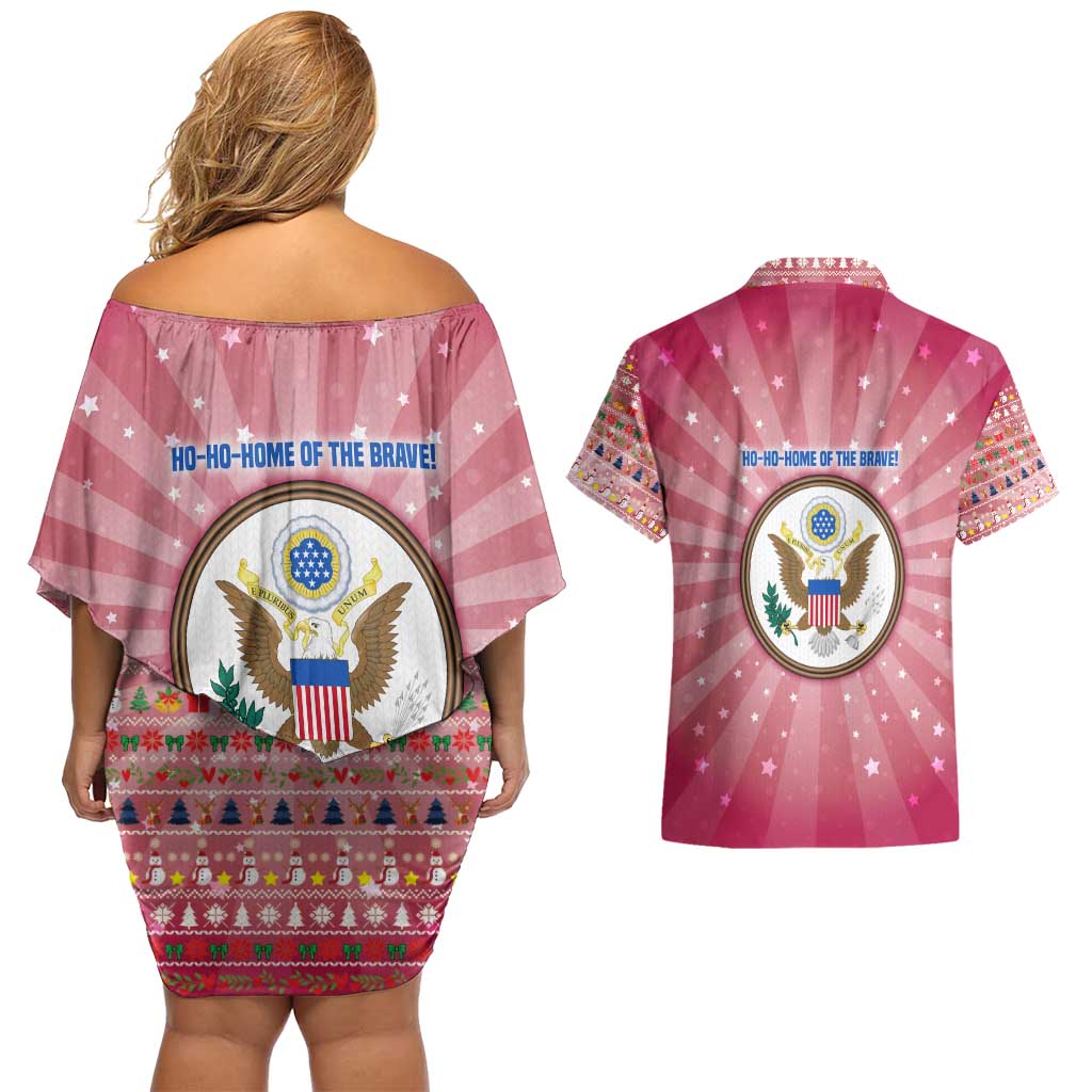 USA Christmas Couples Matching Off Shoulder Short Dress and Hawaiian Shirt with Bald Eagle Seal Pink Starburst Pattern and Festive Holiday Icons - Wonder Print Shop
