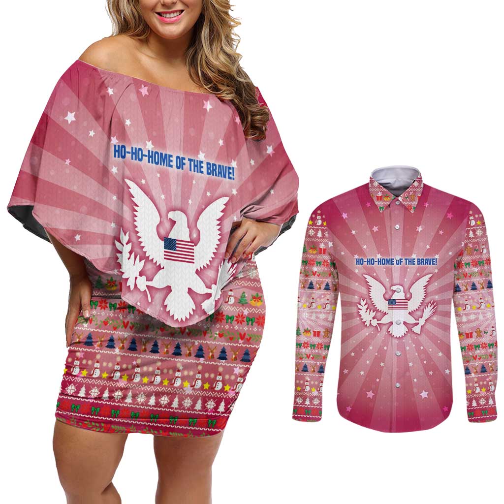 USA Christmas Couples Matching Off Shoulder Short Dress and Long Sleeve Button Shirt with Bald Eagle Seal Pink Starburst Pattern and Festive Holiday Icons - Wonder Print Shop