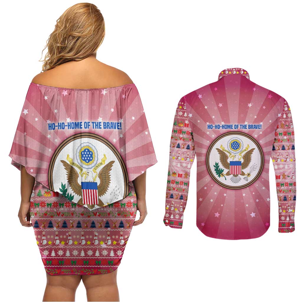 USA Christmas Couples Matching Off Shoulder Short Dress and Long Sleeve Button Shirt with Bald Eagle Seal Pink Starburst Pattern and Festive Holiday Icons - Wonder Print Shop