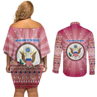 USA Christmas Couples Matching Off Shoulder Short Dress and Long Sleeve Button Shirt with Bald Eagle Seal Pink Starburst Pattern and Festive Holiday Icons - Wonder Print Shop