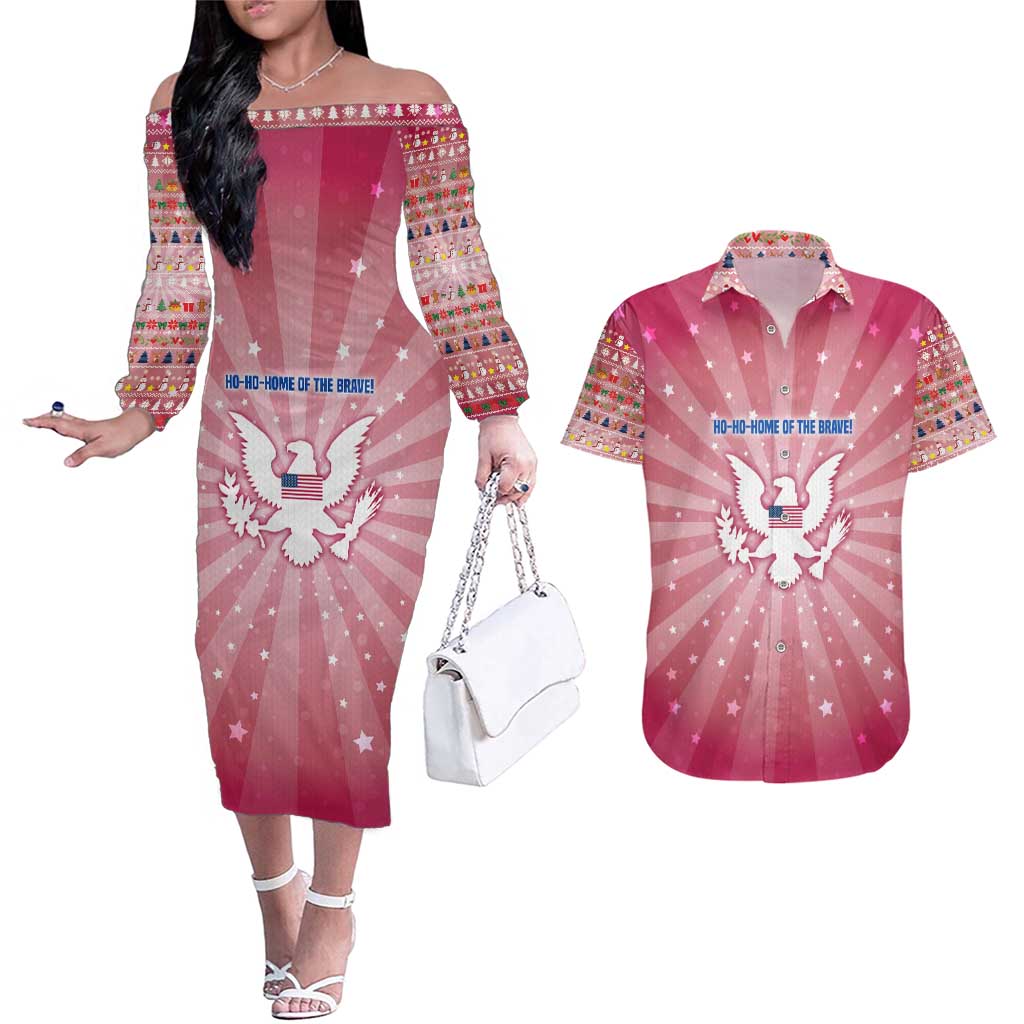 USA Christmas Couples Matching Off The Shoulder Long Sleeve Dress and Hawaiian Shirt with Bald Eagle Seal Pink Starburst Pattern and Festive Holiday Icons - Wonder Print Shop