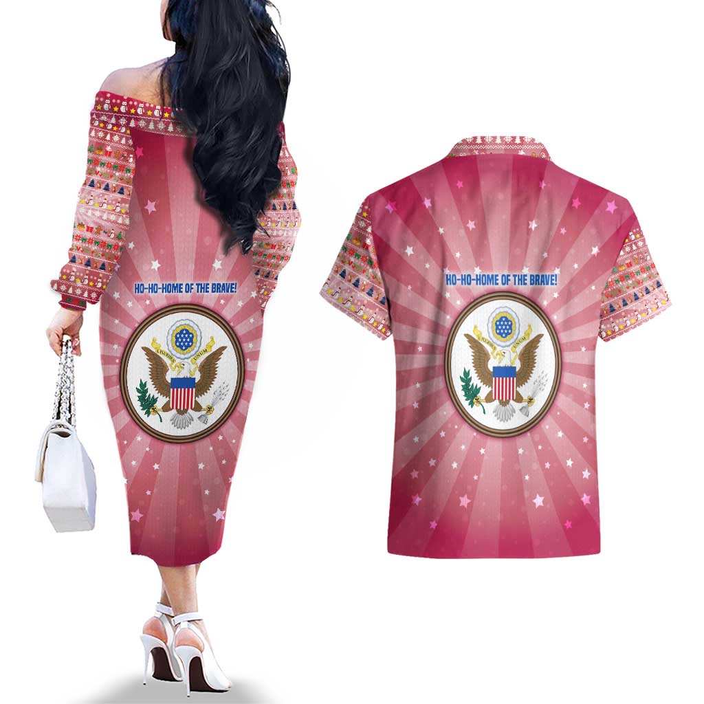 USA Christmas Couples Matching Off The Shoulder Long Sleeve Dress and Hawaiian Shirt with Bald Eagle Seal Pink Starburst Pattern and Festive Holiday Icons - Wonder Print Shop