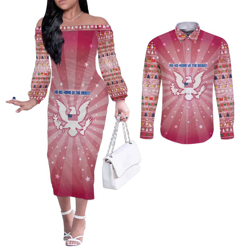 USA Christmas Couples Matching Off The Shoulder Long Sleeve Dress and Long Sleeve Button Shirt with Bald Eagle Seal Pink Starburst Pattern and Festive Holiday Icons - Wonder Print Shop