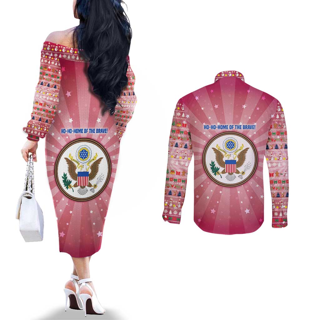 USA Christmas Couples Matching Off The Shoulder Long Sleeve Dress and Long Sleeve Button Shirt with Bald Eagle Seal Pink Starburst Pattern and Festive Holiday Icons - Wonder Print Shop