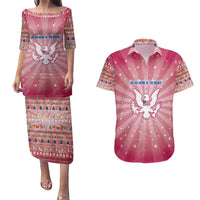 USA Christmas Couples Matching Puletasi and Hawaiian Shirt with Bald Eagle Seal Pink Starburst Pattern and Festive Holiday Icons - Wonder Print Shop
