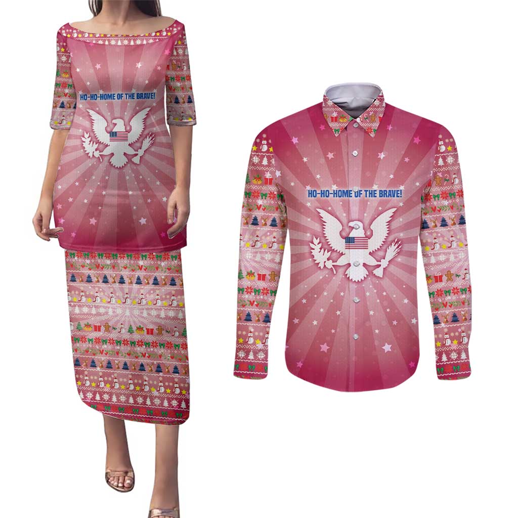 USA Christmas Couples Matching Puletasi and Long Sleeve Button Shirt with Bald Eagle Seal Pink Starburst Pattern and Festive Holiday Icons - Wonder Print Shop