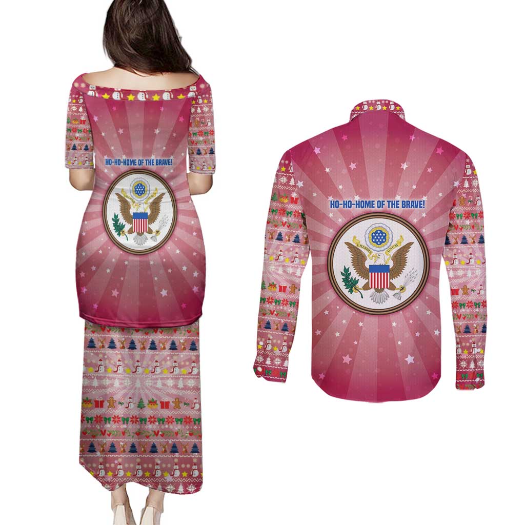 USA Christmas Couples Matching Puletasi and Long Sleeve Button Shirt with Bald Eagle Seal Pink Starburst Pattern and Festive Holiday Icons - Wonder Print Shop