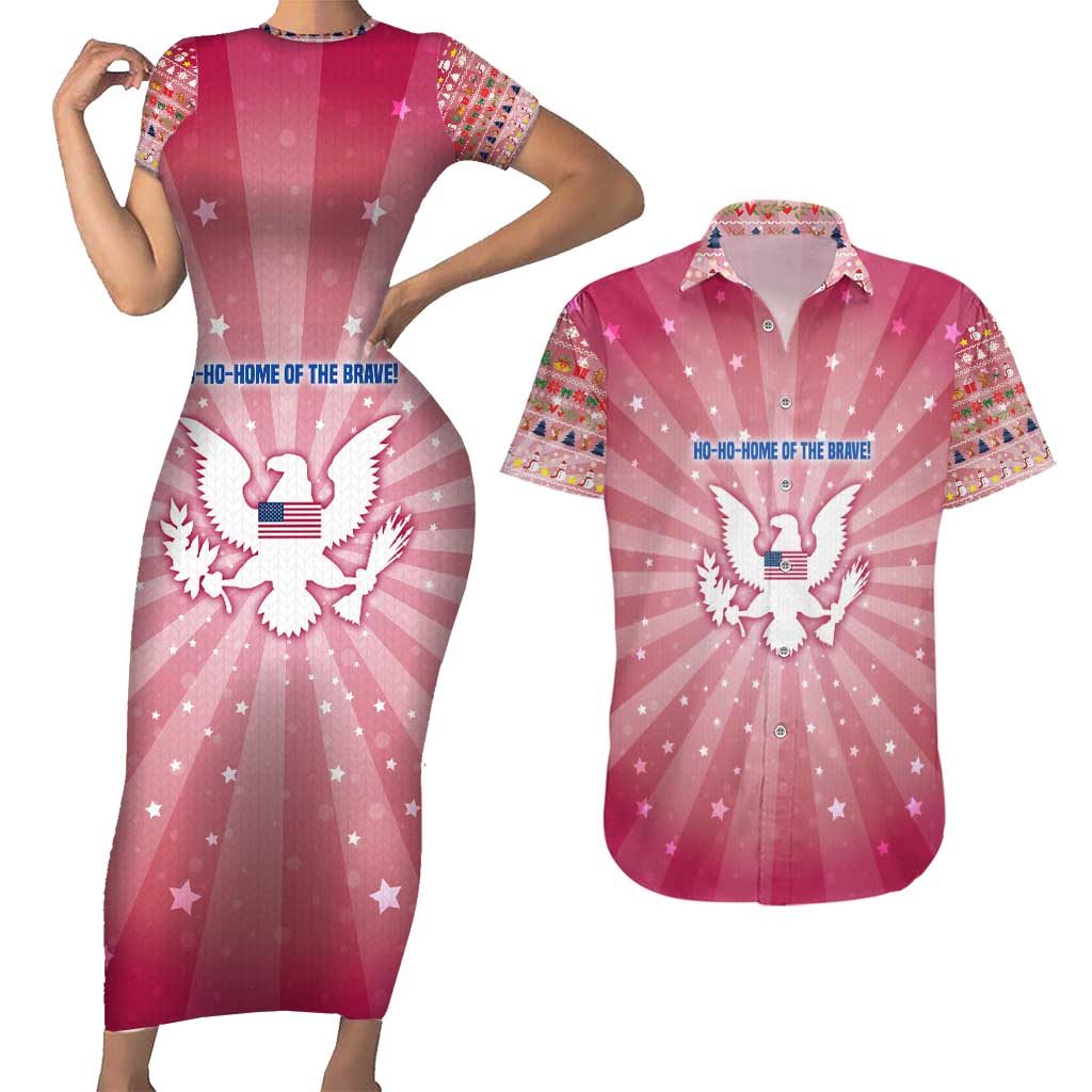 USA Christmas Couples Matching Short Sleeve Bodycon Dress and Hawaiian Shirt with Bald Eagle Seal Pink Starburst Pattern and Festive Holiday Icons - Wonder Print Shop