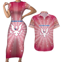 USA Christmas Couples Matching Short Sleeve Bodycon Dress and Hawaiian Shirt with Bald Eagle Seal Pink Starburst Pattern and Festive Holiday Icons - Wonder Print Shop