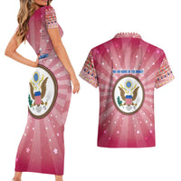 USA Christmas Couples Matching Short Sleeve Bodycon Dress and Hawaiian Shirt with Bald Eagle Seal Pink Starburst Pattern and Festive Holiday Icons - Wonder Print Shop