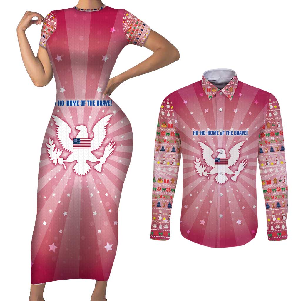 USA Christmas Couples Matching Short Sleeve Bodycon Dress and Long Sleeve Button Shirt with Bald Eagle Seal Pink Starburst Pattern and Festive Holiday Icons - Wonder Print Shop