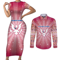 USA Christmas Couples Matching Short Sleeve Bodycon Dress and Long Sleeve Button Shirt with Bald Eagle Seal Pink Starburst Pattern and Festive Holiday Icons - Wonder Print Shop