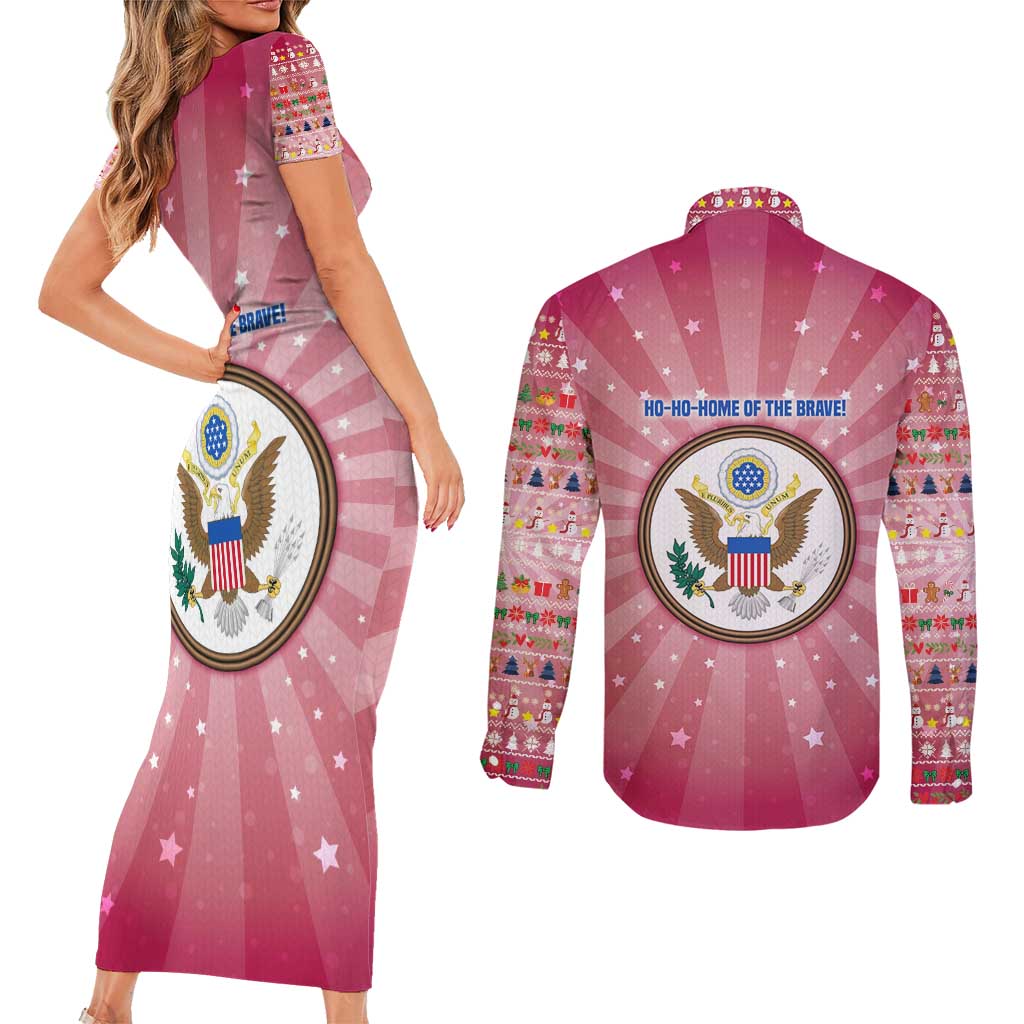 USA Christmas Couples Matching Short Sleeve Bodycon Dress and Long Sleeve Button Shirt with Bald Eagle Seal Pink Starburst Pattern and Festive Holiday Icons - Wonder Print Shop