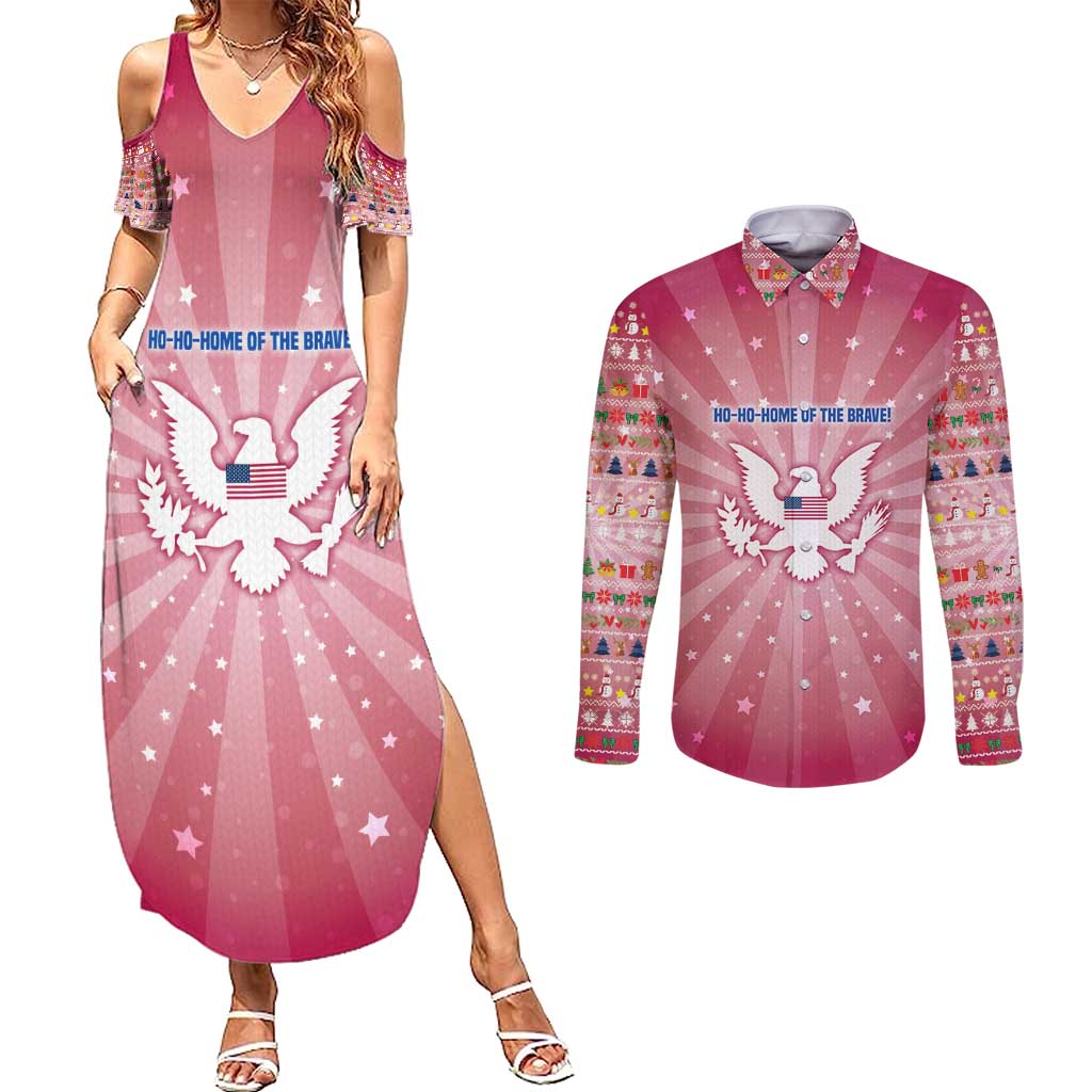 USA Christmas Couples Matching Summer Maxi Dress and Long Sleeve Button Shirt with Bald Eagle Seal Pink Starburst Pattern and Festive Holiday Icons - Wonder Print Shop