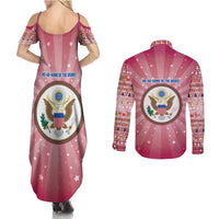 USA Christmas Couples Matching Summer Maxi Dress and Long Sleeve Button Shirt with Bald Eagle Seal Pink Starburst Pattern and Festive Holiday Icons - Wonder Print Shop