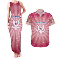 USA Christmas Couples Matching Tank Maxi Dress and Hawaiian Shirt with Bald Eagle Seal Pink Starburst Pattern and Festive Holiday Icons - Wonder Print Shop