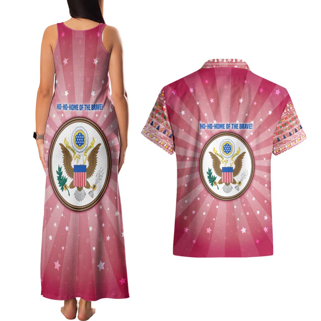 USA Christmas Couples Matching Tank Maxi Dress and Hawaiian Shirt with Bald Eagle Seal Pink Starburst Pattern and Festive Holiday Icons - Wonder Print Shop