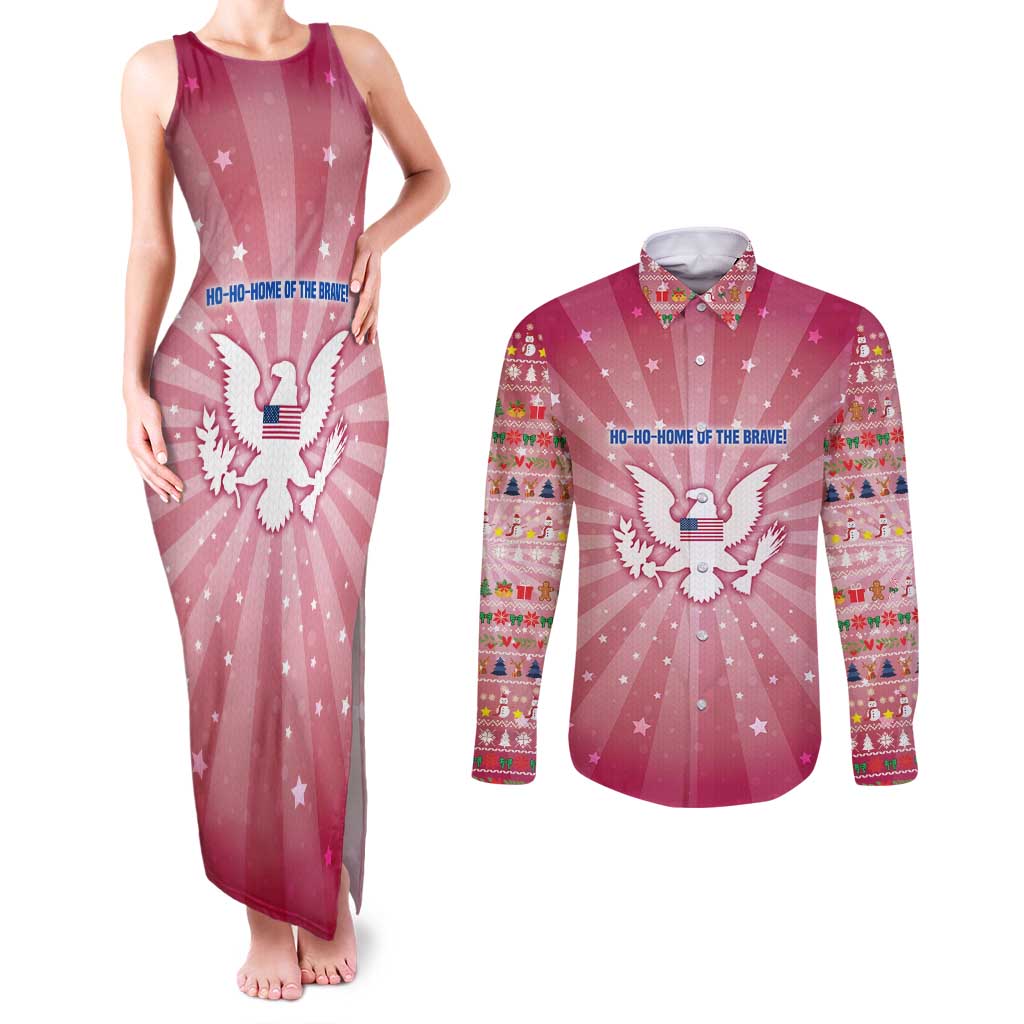 USA Christmas Couples Matching Tank Maxi Dress and Long Sleeve Button Shirt with Bald Eagle Seal Pink Starburst Pattern and Festive Holiday Icons - Wonder Print Shop