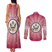 USA Christmas Couples Matching Tank Maxi Dress and Long Sleeve Button Shirt with Bald Eagle Seal Pink Starburst Pattern and Festive Holiday Icons - Wonder Print Shop