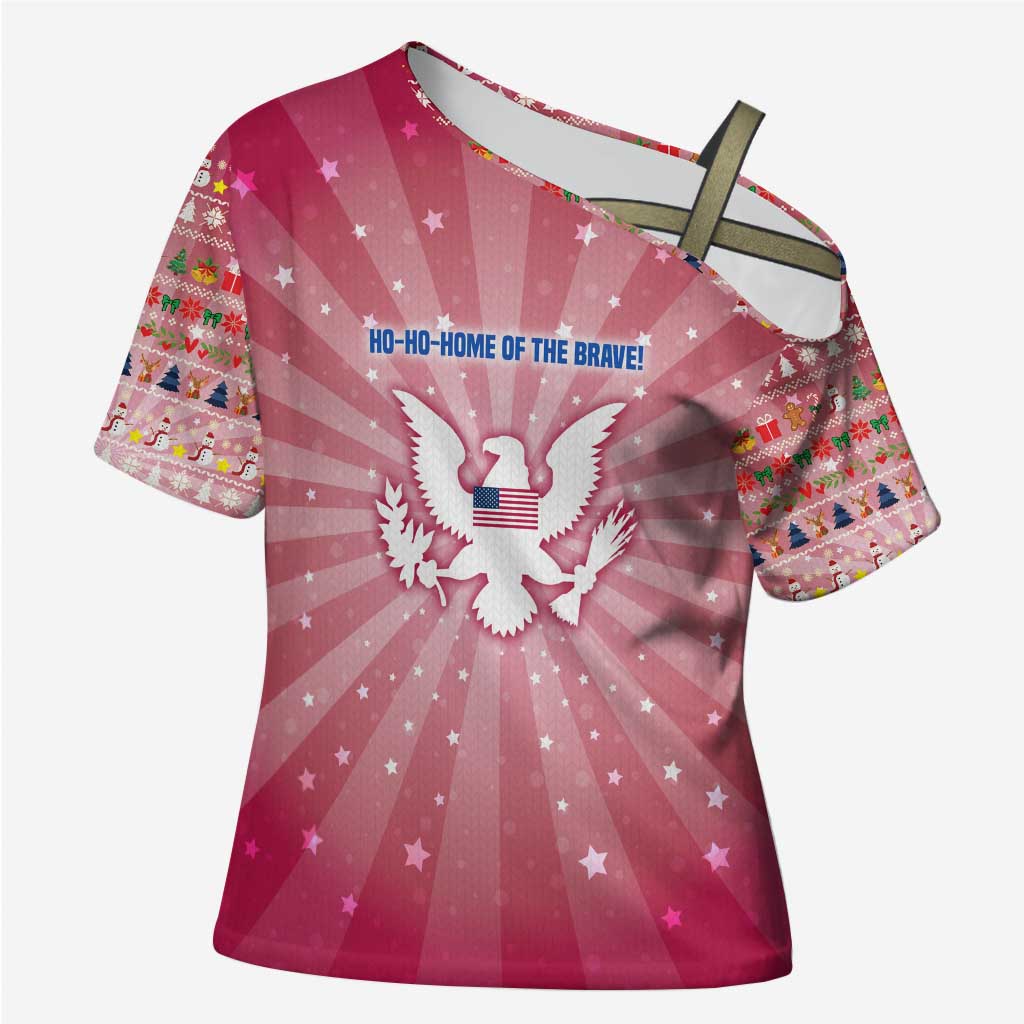 USA Christmas Cross Shoulder Shirt with Bald Eagle Seal Pink Starburst Pattern and Festive Holiday Icons - Wonder Print Shop