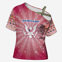 USA Christmas Cross Shoulder Shirt with Bald Eagle Seal Pink Starburst Pattern and Festive Holiday Icons - Wonder Print Shop