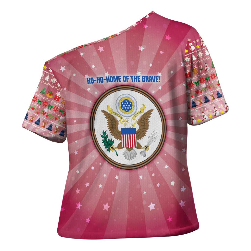 USA Christmas Cross Shoulder Shirt with Bald Eagle Seal Pink Starburst Pattern and Festive Holiday Icons - Wonder Print Shop