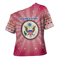 USA Christmas Cross Shoulder Shirt with Bald Eagle Seal Pink Starburst Pattern and Festive Holiday Icons - Wonder Print Shop