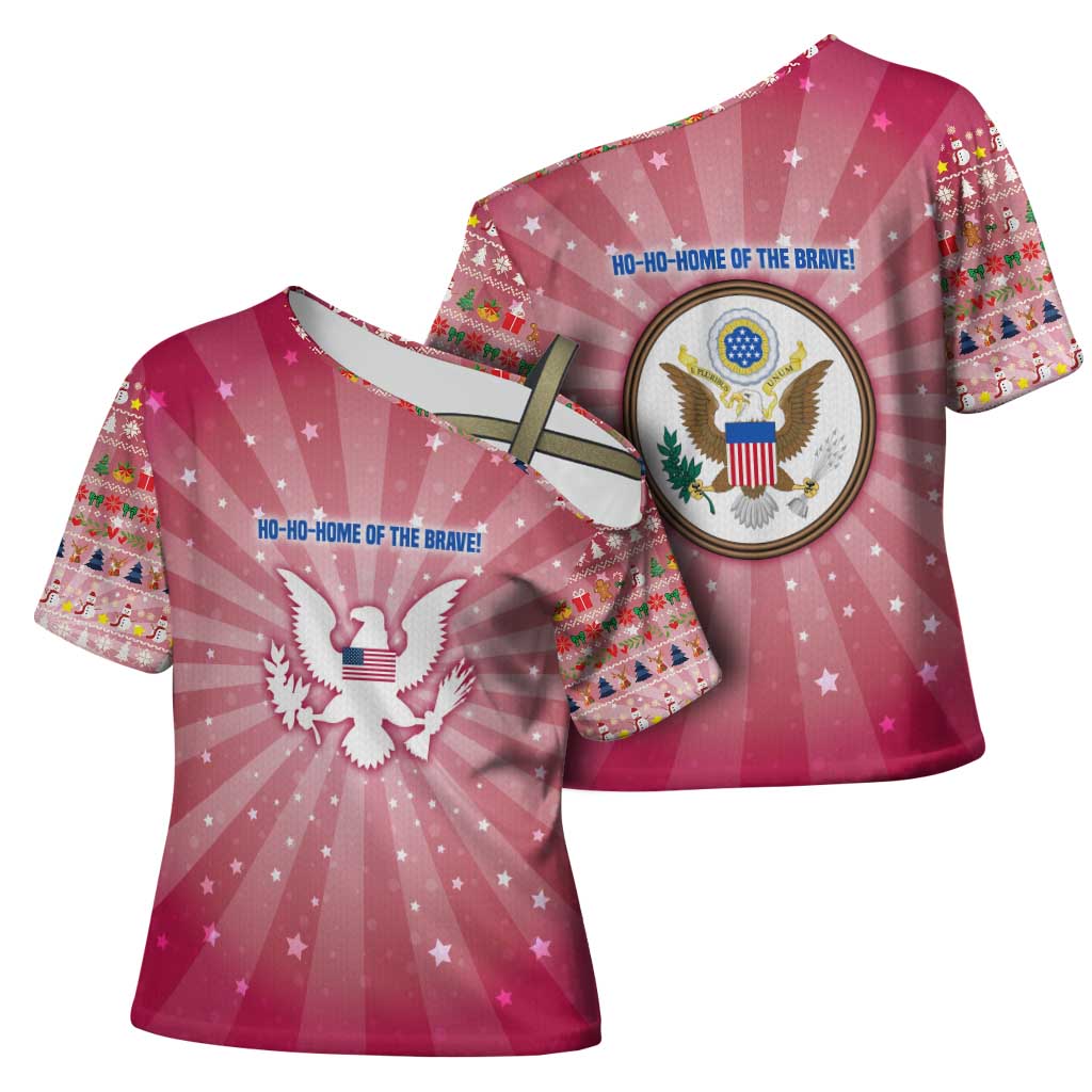 USA Christmas Cross Shoulder Shirt with Bald Eagle Seal Pink Starburst Pattern and Festive Holiday Icons - Wonder Print Shop