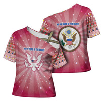 USA Christmas Cross Shoulder Shirt with Bald Eagle Seal Pink Starburst Pattern and Festive Holiday Icons - Wonder Print Shop