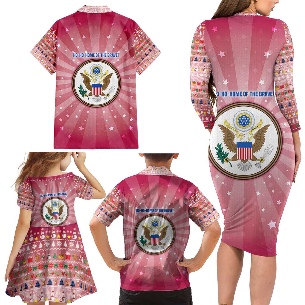 USA Christmas Family Matching Long Sleeve Bodycon Dress and Hawaiian Shirt with Bald Eagle Seal Pink Starburst Pattern and Festive Holiday Icons - Wonder Print Shop