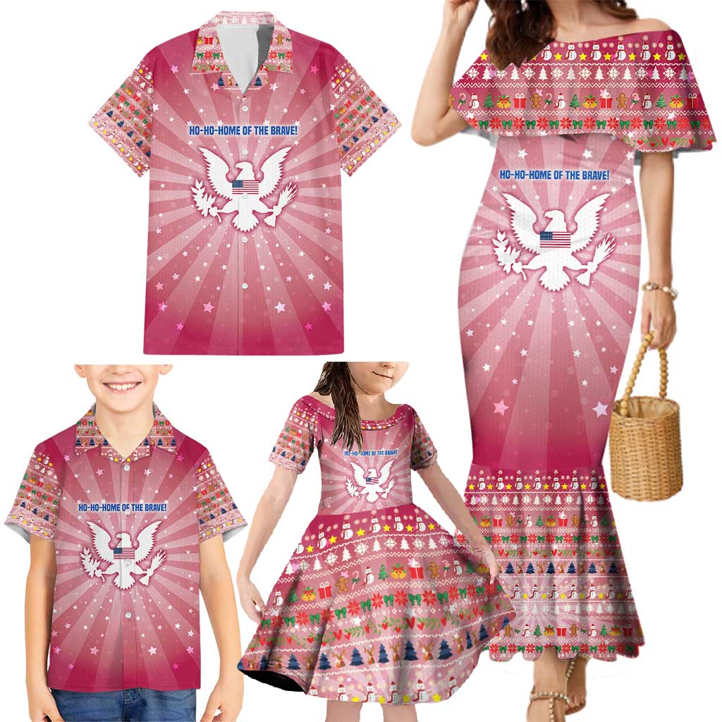 USA Christmas Family Matching Mermaid Dress and Hawaiian Shirt with Bald Eagle Seal Pink Starburst Pattern and Festive Holiday Icons - Wonder Print Shop
