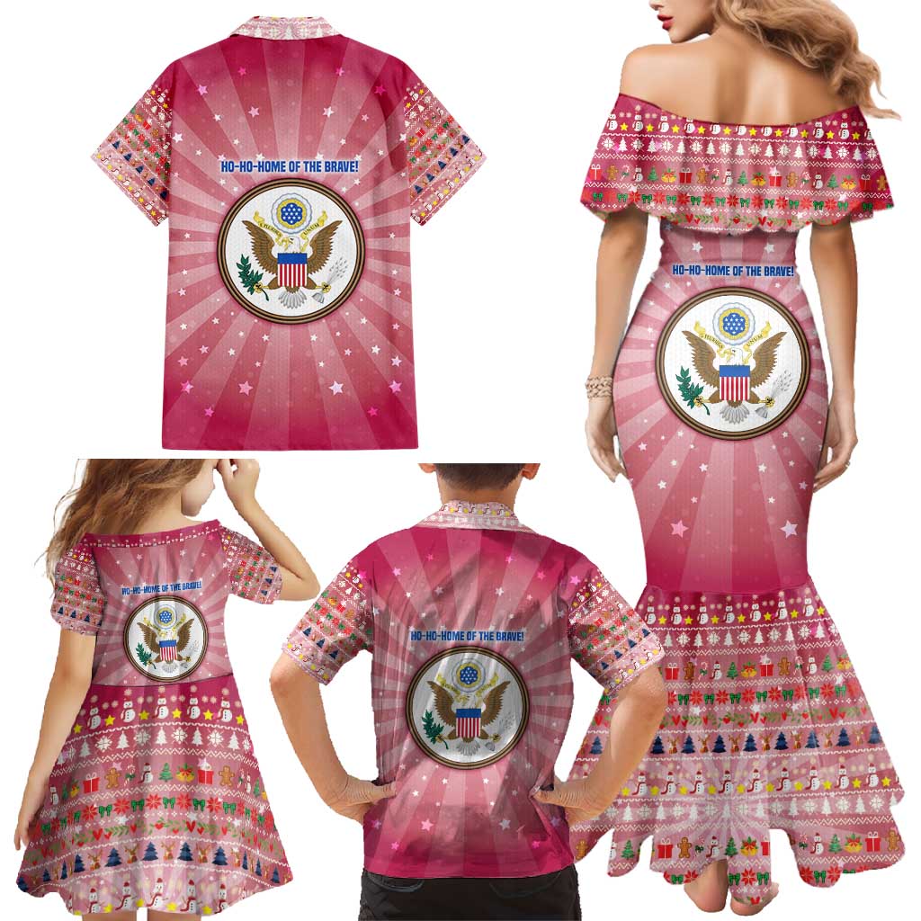 USA Christmas Family Matching Mermaid Dress and Hawaiian Shirt with Bald Eagle Seal Pink Starburst Pattern and Festive Holiday Icons - Wonder Print Shop