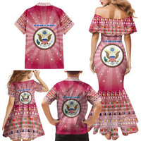 USA Christmas Family Matching Mermaid Dress and Hawaiian Shirt with Bald Eagle Seal Pink Starburst Pattern and Festive Holiday Icons - Wonder Print Shop