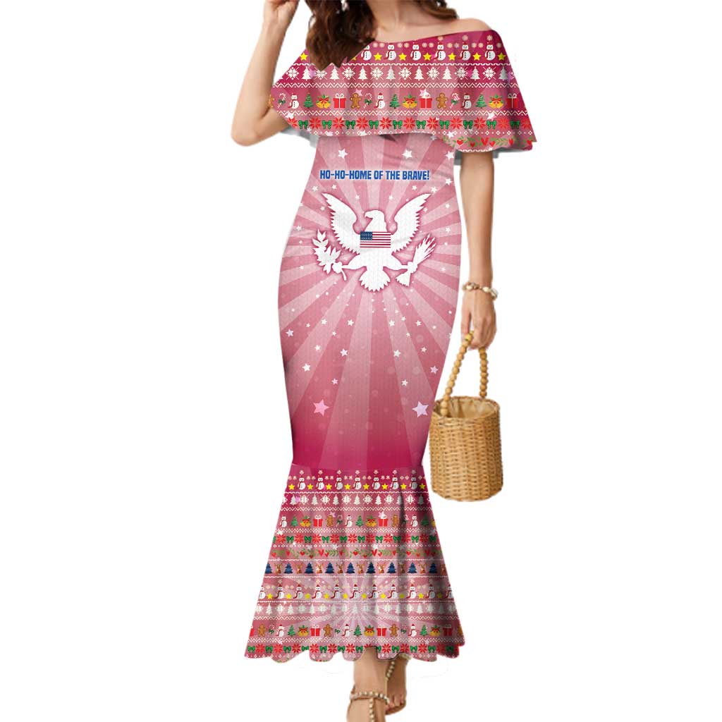 USA Christmas Family Matching Mermaid Dress and Hawaiian Shirt with Bald Eagle Seal Pink Starburst Pattern and Festive Holiday Icons - Wonder Print Shop