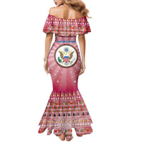 USA Christmas Family Matching Mermaid Dress and Hawaiian Shirt with Bald Eagle Seal Pink Starburst Pattern and Festive Holiday Icons - Wonder Print Shop