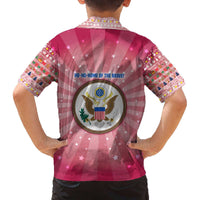 USA Christmas Family Matching Off The Shoulder Long Sleeve Dress and Hawaiian Shirt with Bald Eagle Seal Pink Starburst Pattern and Festive Holiday Icons - Wonder Print Shop