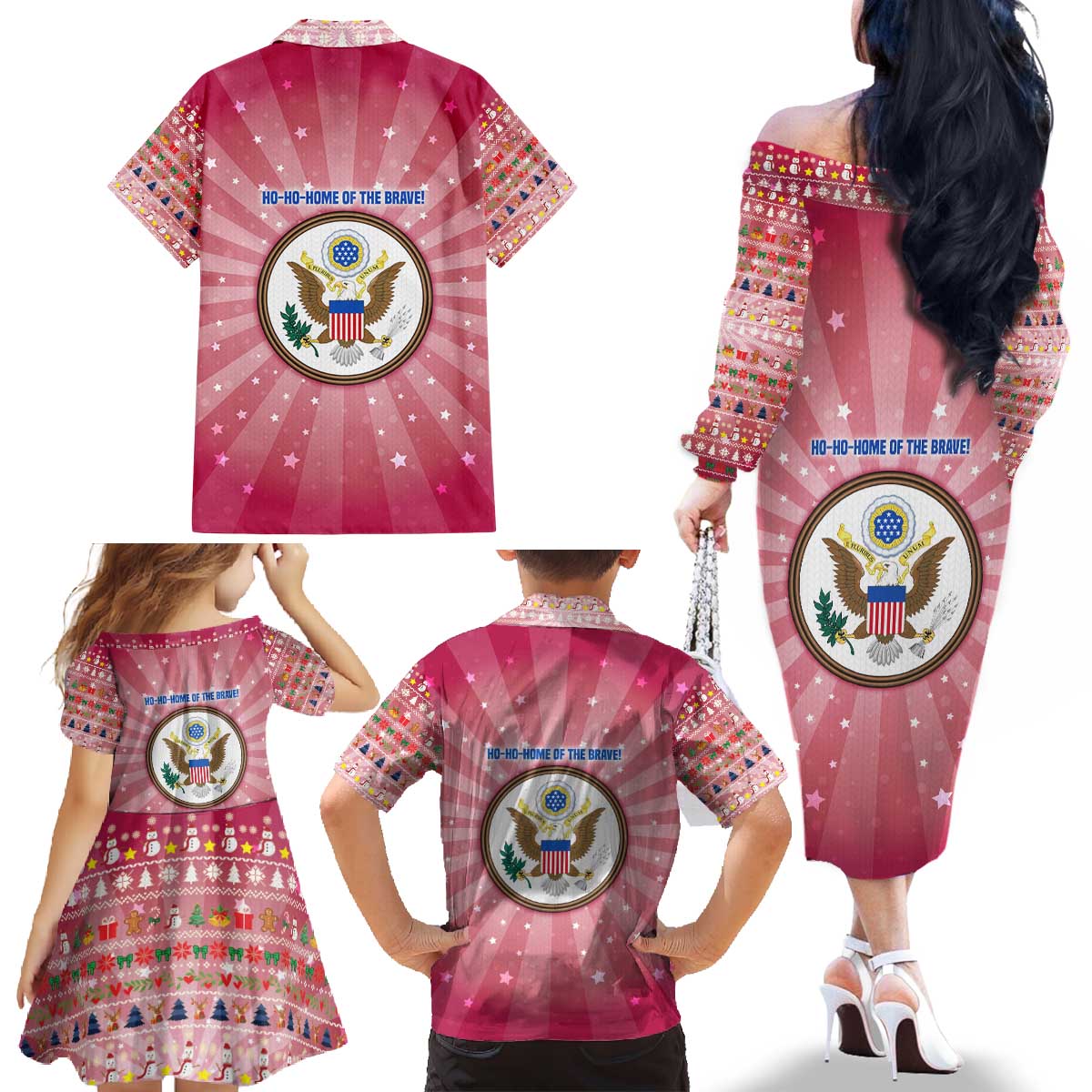 USA Christmas Family Matching Off The Shoulder Long Sleeve Dress and Hawaiian Shirt with Bald Eagle Seal Pink Starburst Pattern and Festive Holiday Icons - Wonder Print Shop