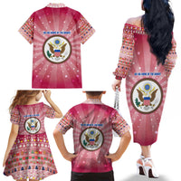 USA Christmas Family Matching Off The Shoulder Long Sleeve Dress and Hawaiian Shirt with Bald Eagle Seal Pink Starburst Pattern and Festive Holiday Icons - Wonder Print Shop