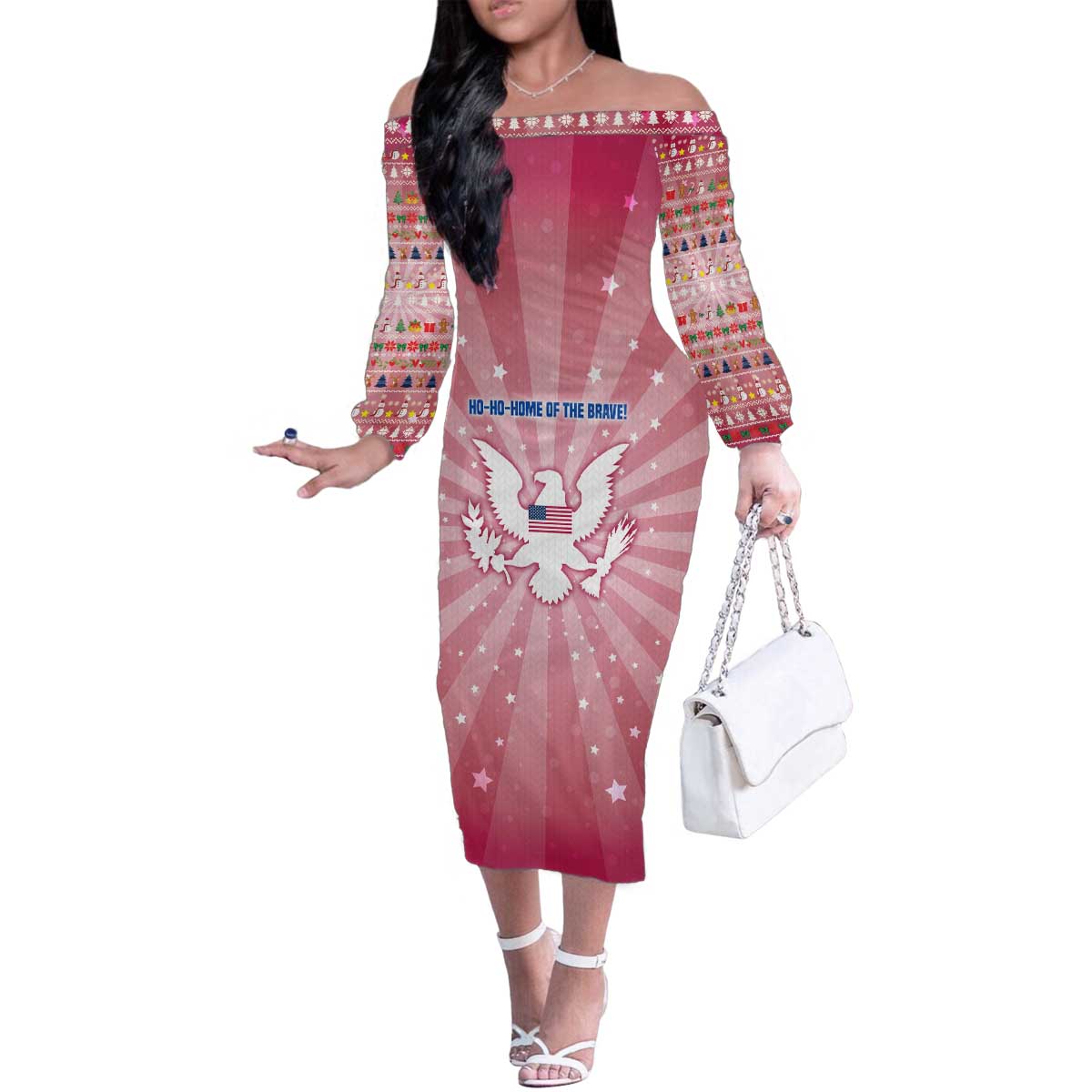 USA Christmas Family Matching Off The Shoulder Long Sleeve Dress and Hawaiian Shirt with Bald Eagle Seal Pink Starburst Pattern and Festive Holiday Icons - Wonder Print Shop