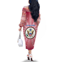 USA Christmas Family Matching Off The Shoulder Long Sleeve Dress and Hawaiian Shirt with Bald Eagle Seal Pink Starburst Pattern and Festive Holiday Icons - Wonder Print Shop