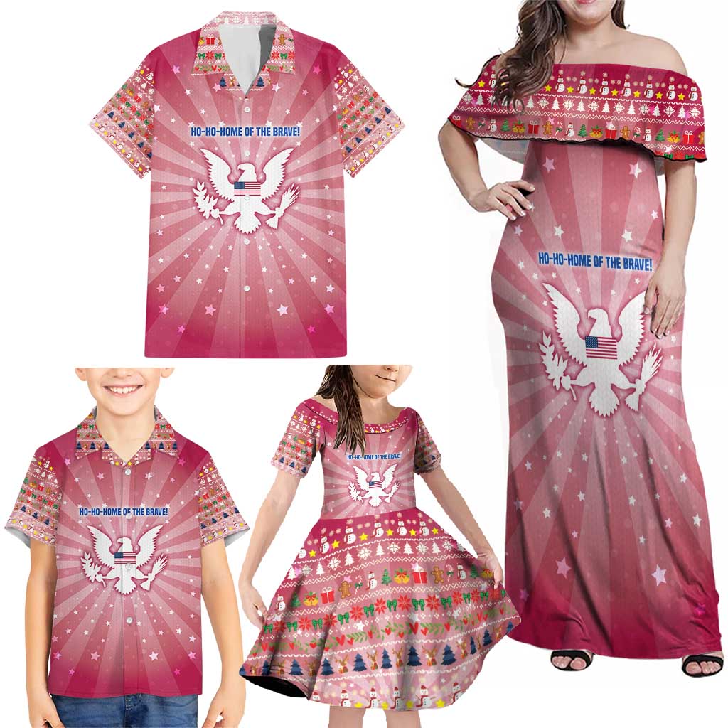 USA Christmas Family Matching Off Shoulder Maxi Dress and Hawaiian Shirt with Bald Eagle Seal Pink Starburst Pattern and Festive Holiday Icons - Wonder Print Shop