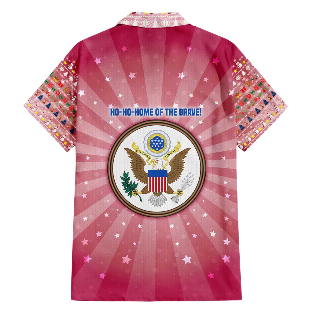 USA Christmas Family Matching Off Shoulder Maxi Dress and Hawaiian Shirt with Bald Eagle Seal Pink Starburst Pattern and Festive Holiday Icons - Wonder Print Shop