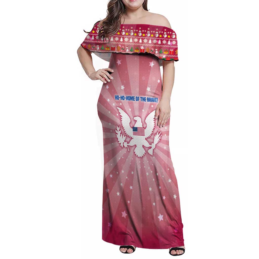 USA Christmas Family Matching Off Shoulder Maxi Dress and Hawaiian Shirt with Bald Eagle Seal Pink Starburst Pattern and Festive Holiday Icons - Wonder Print Shop