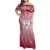 USA Christmas Family Matching Off Shoulder Maxi Dress and Hawaiian Shirt with Bald Eagle Seal Pink Starburst Pattern and Festive Holiday Icons - Wonder Print Shop